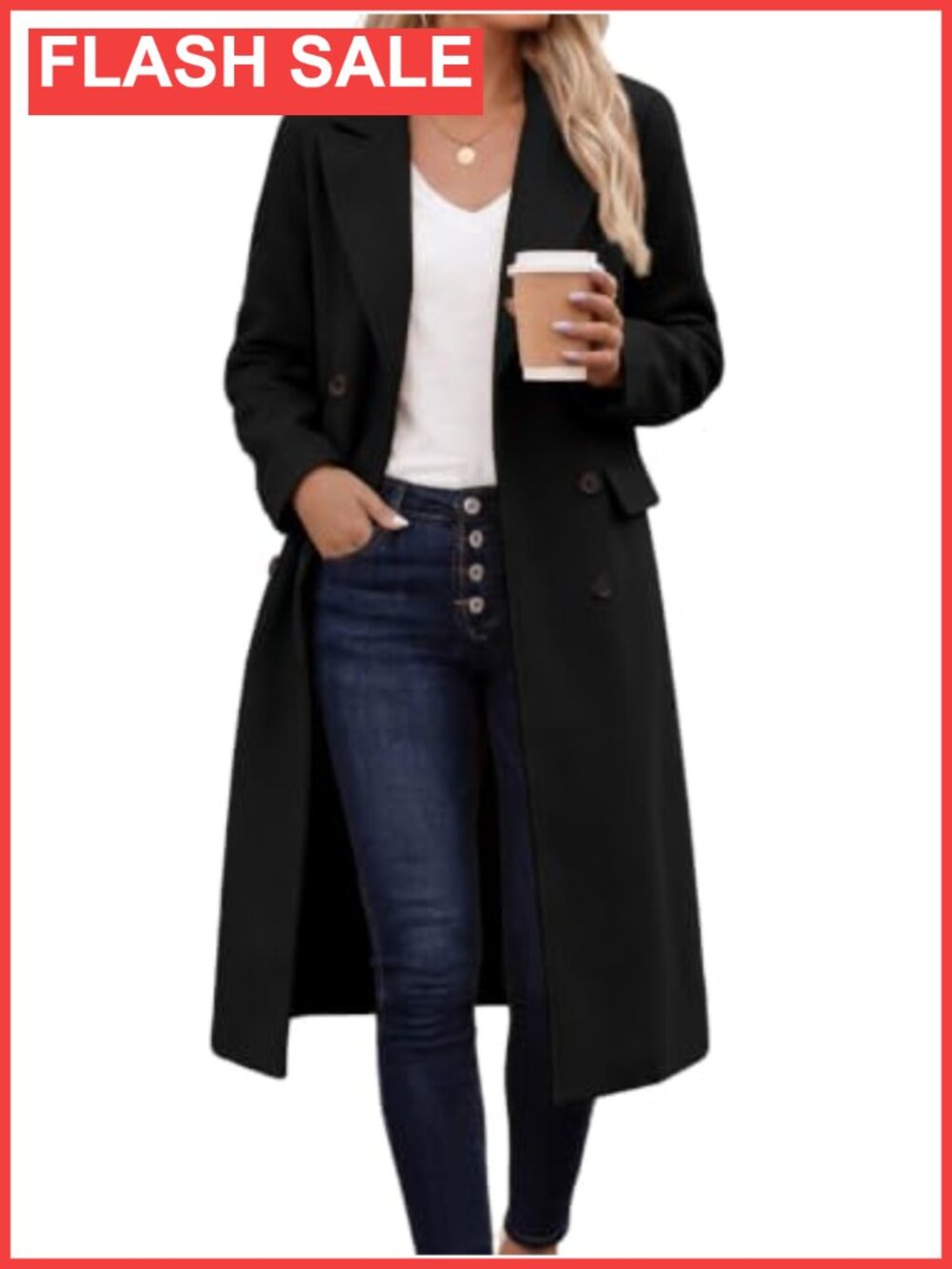 Long Wool Blend Pea Coat Notch Lapel Double Breasted Trench Coat